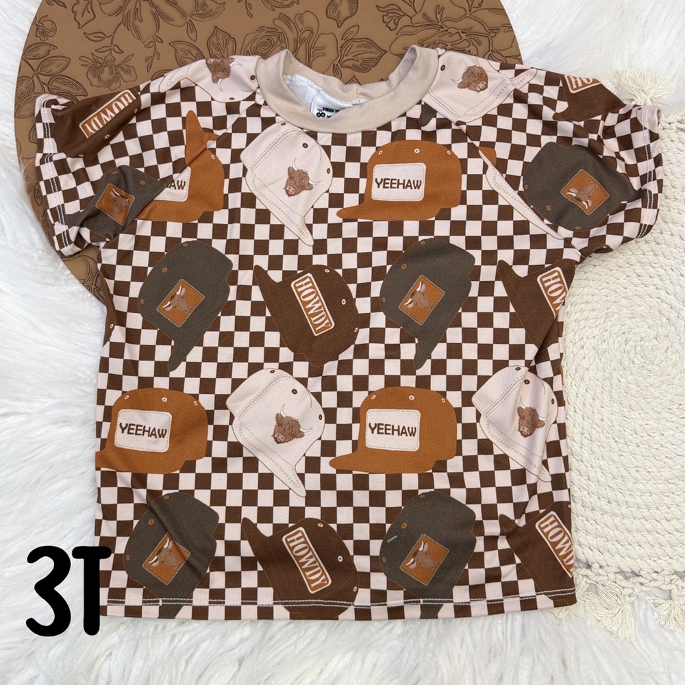 Kids Short Sleeve 'Yeehaw' Cap Print T-Shirt - Brown Checkered
